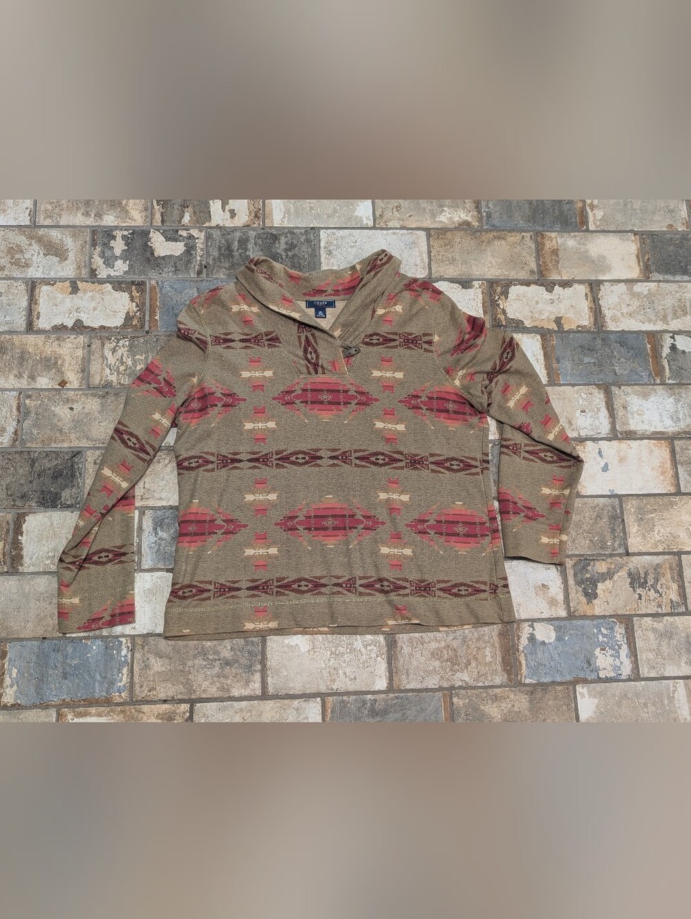 Vintage Chaps Denim Olive Green Southwestern Aztec Print Toggle Pullover Top XL